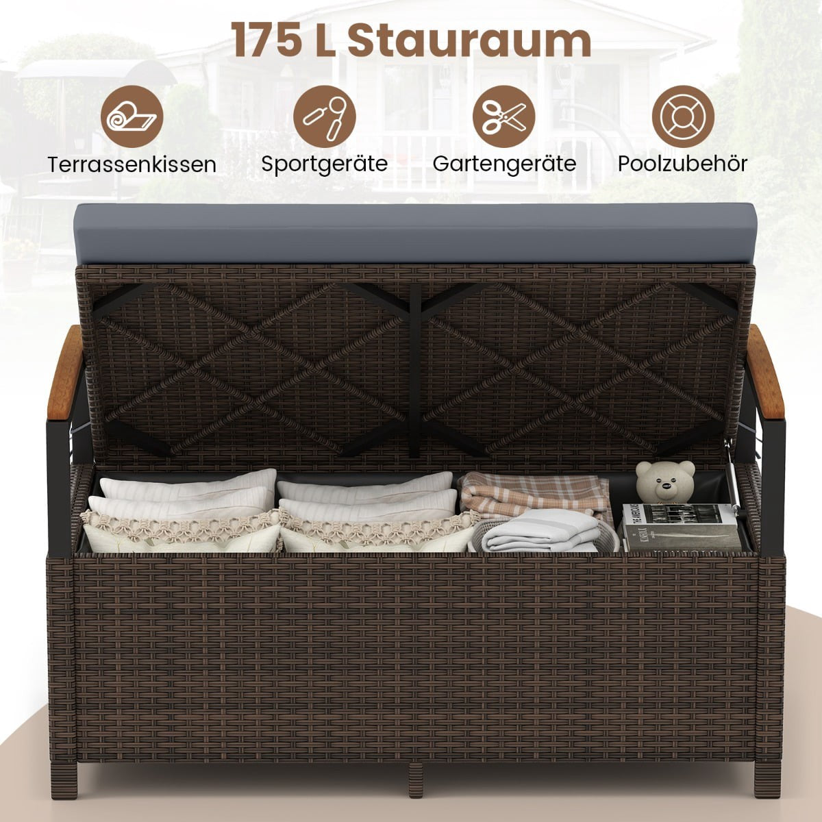 Polyrattan Outdoor Bench with Storage & Cushion, Grey