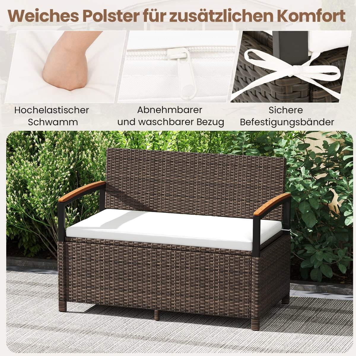 Polyrattan Outdoor Bench with Storage & Cushion, White