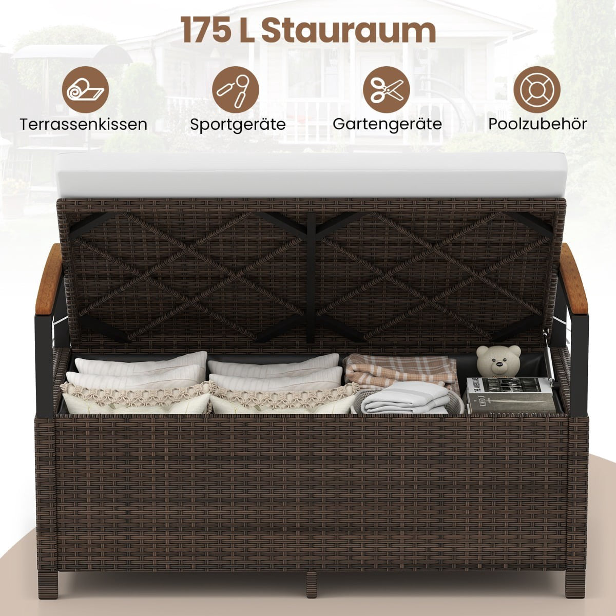 Polyrattan Outdoor Bench with Storage & Cushion, White