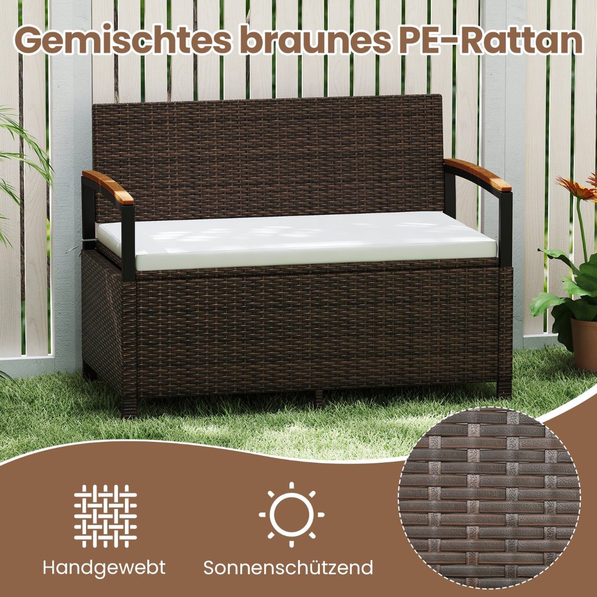 Polyrattan Outdoor Bench with Storage & Cushion, White