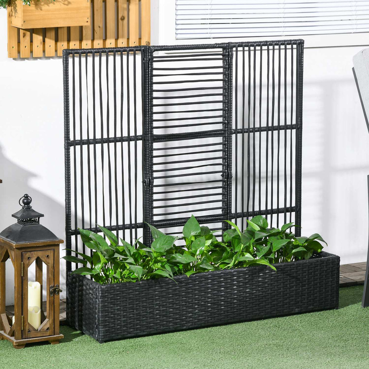 Polyrattan Raised Bed With Trellis Flower Box Plant Box Flower Bed For Garden Balcony Black 103 X 103 X 29 Cm