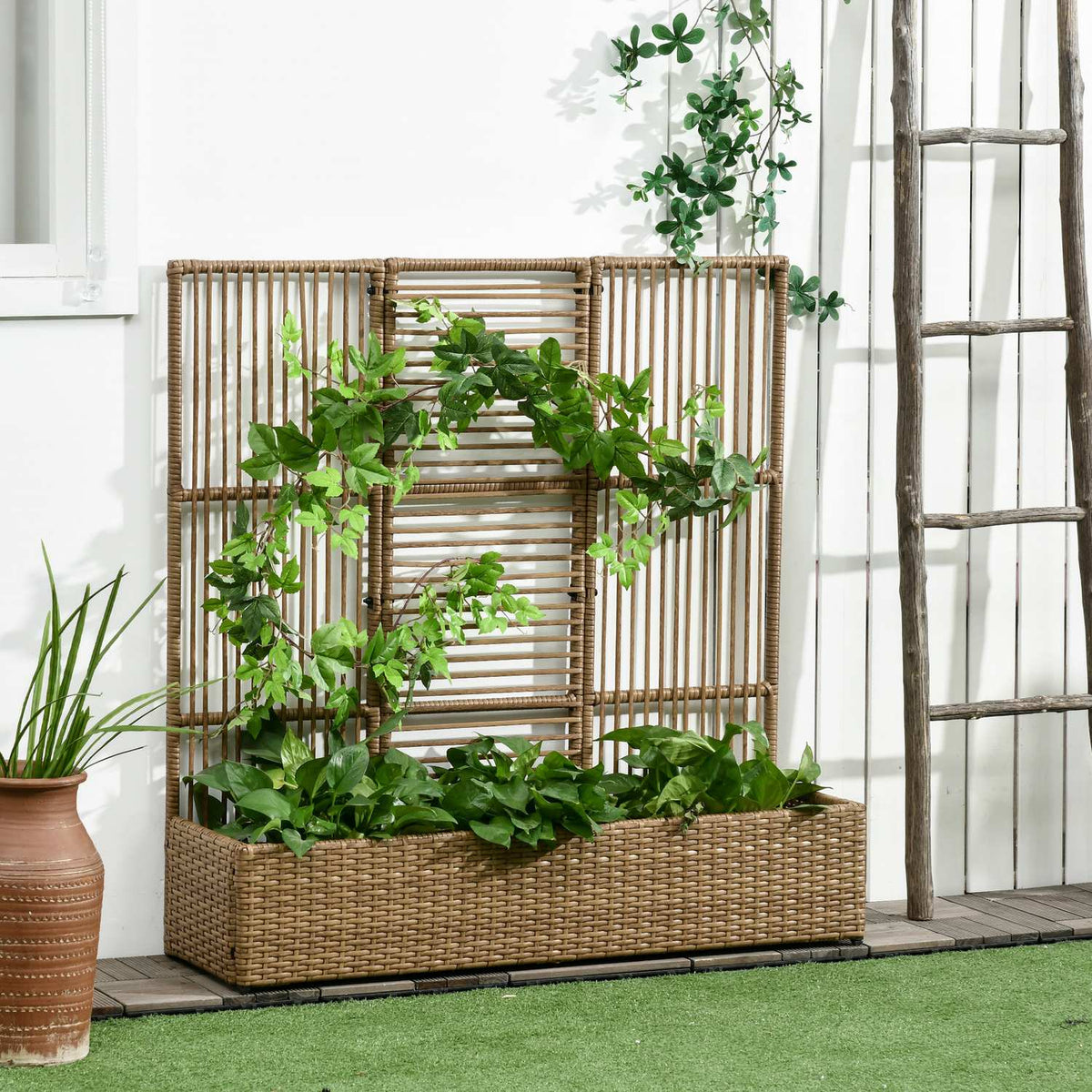 Polyrattan Raised Bed With Trellis Flower Box Plant Box Flower Bed For Garden Balcony Sand 103 X 103 X 29 Cm