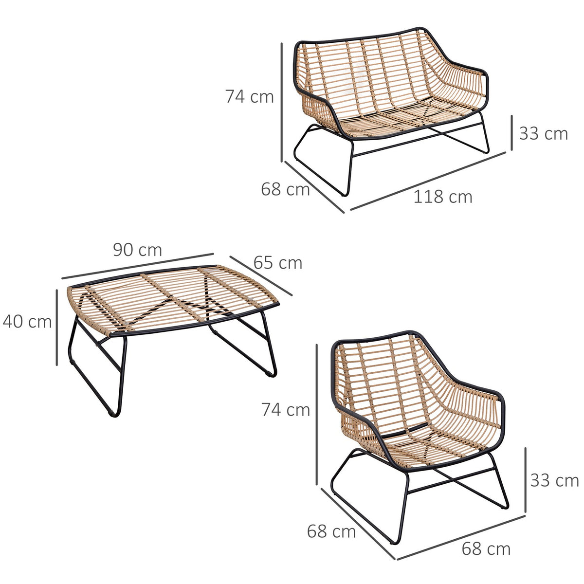Polyrattan Rat Sofa Set For 4 Person Tempered Glass Tea Table Bench With Table & Cushions Steel Frame Steel Polyester Khaki+Beige
