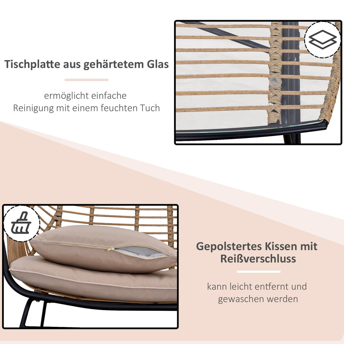 Polyrattan Rat Sofa Set For 4 Person Tempered Glass Tea Table Bench With Table & Cushions Steel Frame Steel Polyester Khaki+Beige