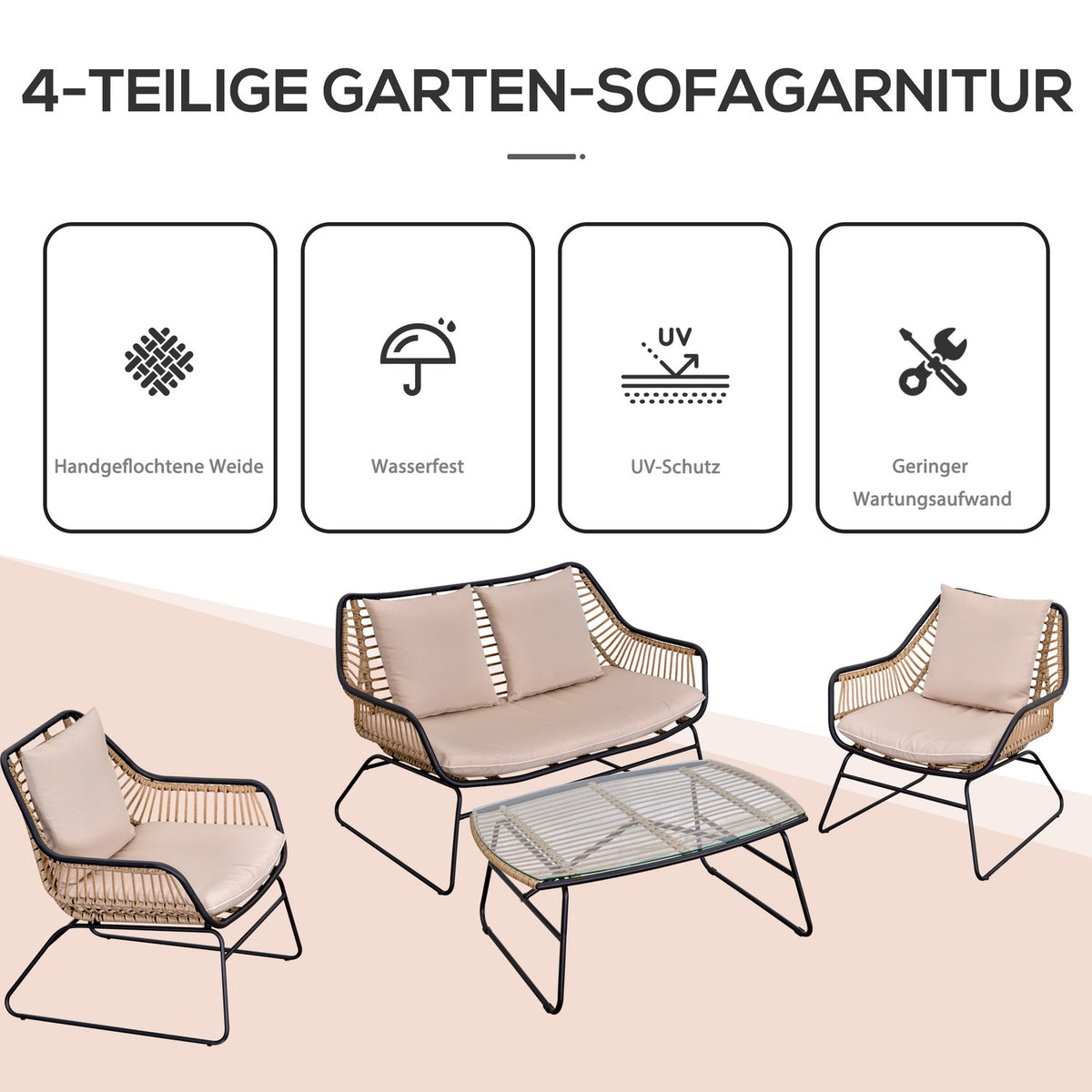Polyrattan Rat Sofa Set For 4 Person Tempered Glass Tea Table Bench With Table & Cushions Steel Frame Steel Polyester Khaki+Beige