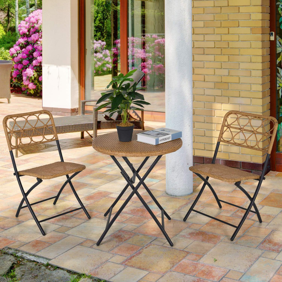 Polyrattan Seating Group For 2 People Bistro Set Balcony Furniture Set Foldable Natural