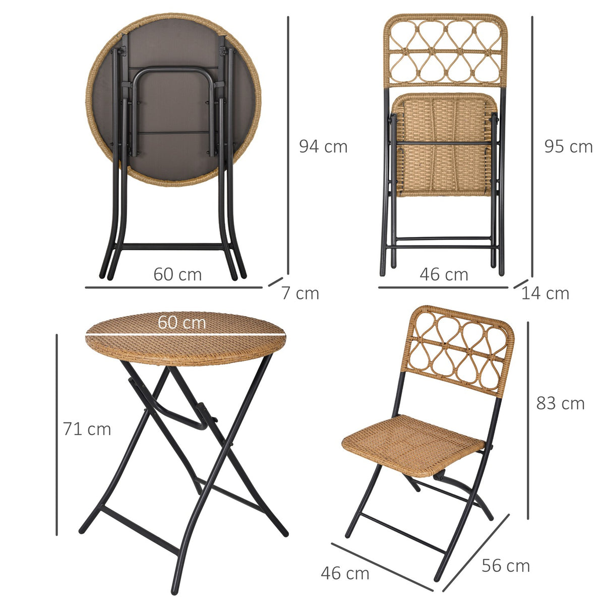 Polyrattan Seating Group For 2 People Bistro Set Balcony Furniture Set Foldable Natural