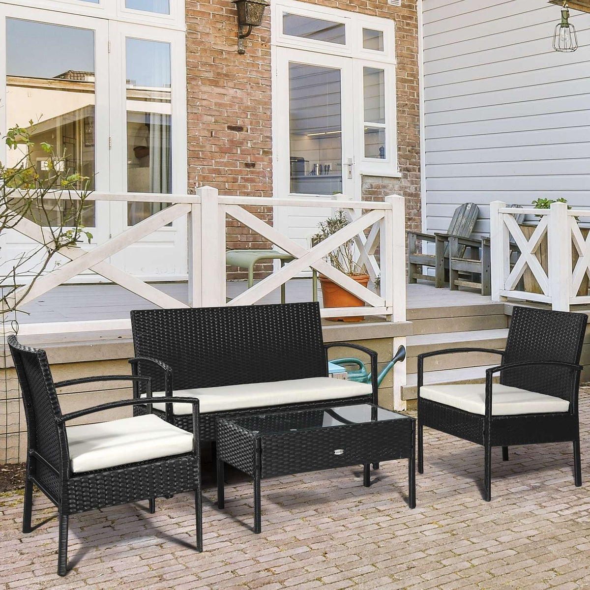 Polyrattan Seating Group For 4 Lounge Sofa Garden Set With Cushions, Black