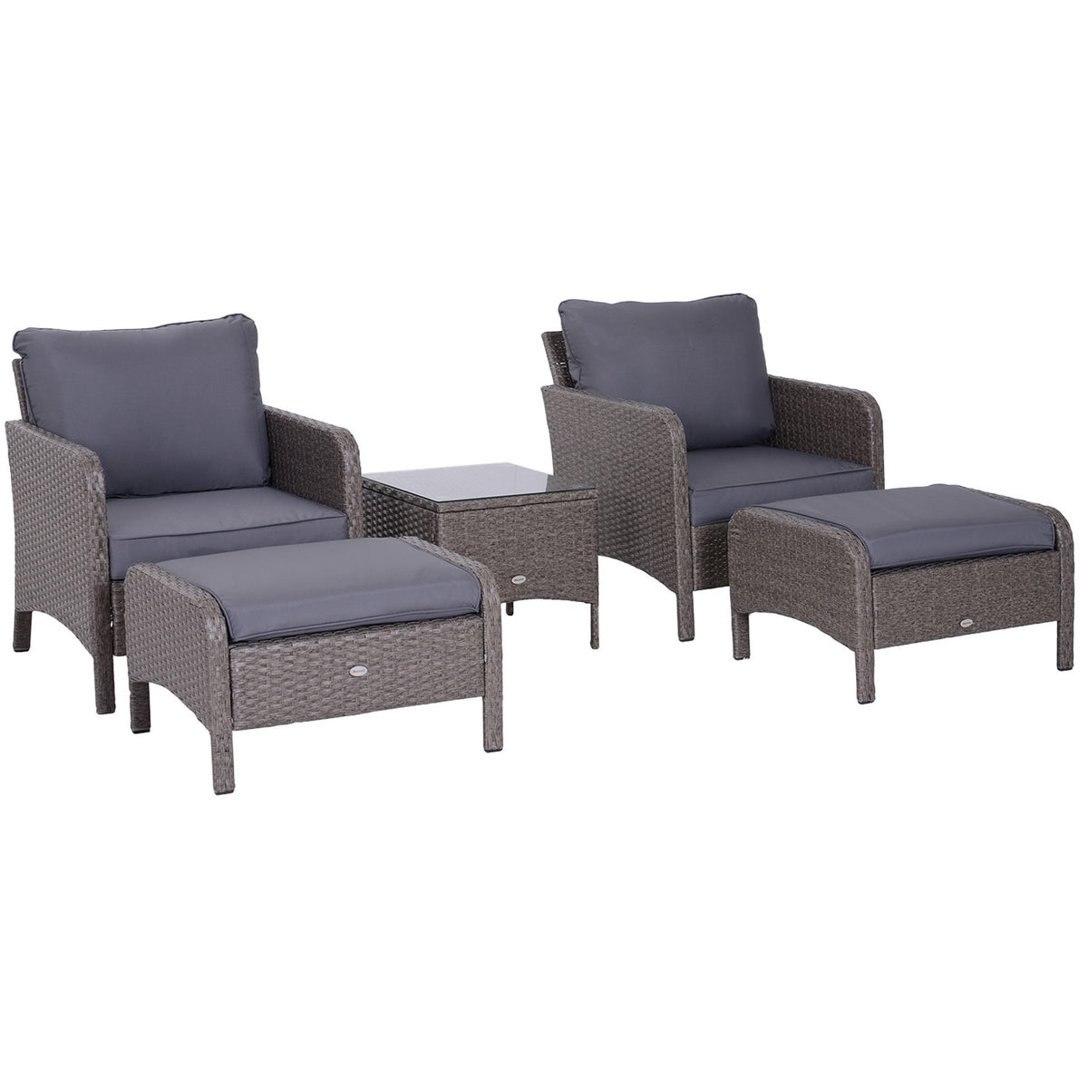 Polyrattan Seating Group In Dark Gray, Including 2 Armchairs, Coffee Table, Stool & Cushions, For Outdoor Use