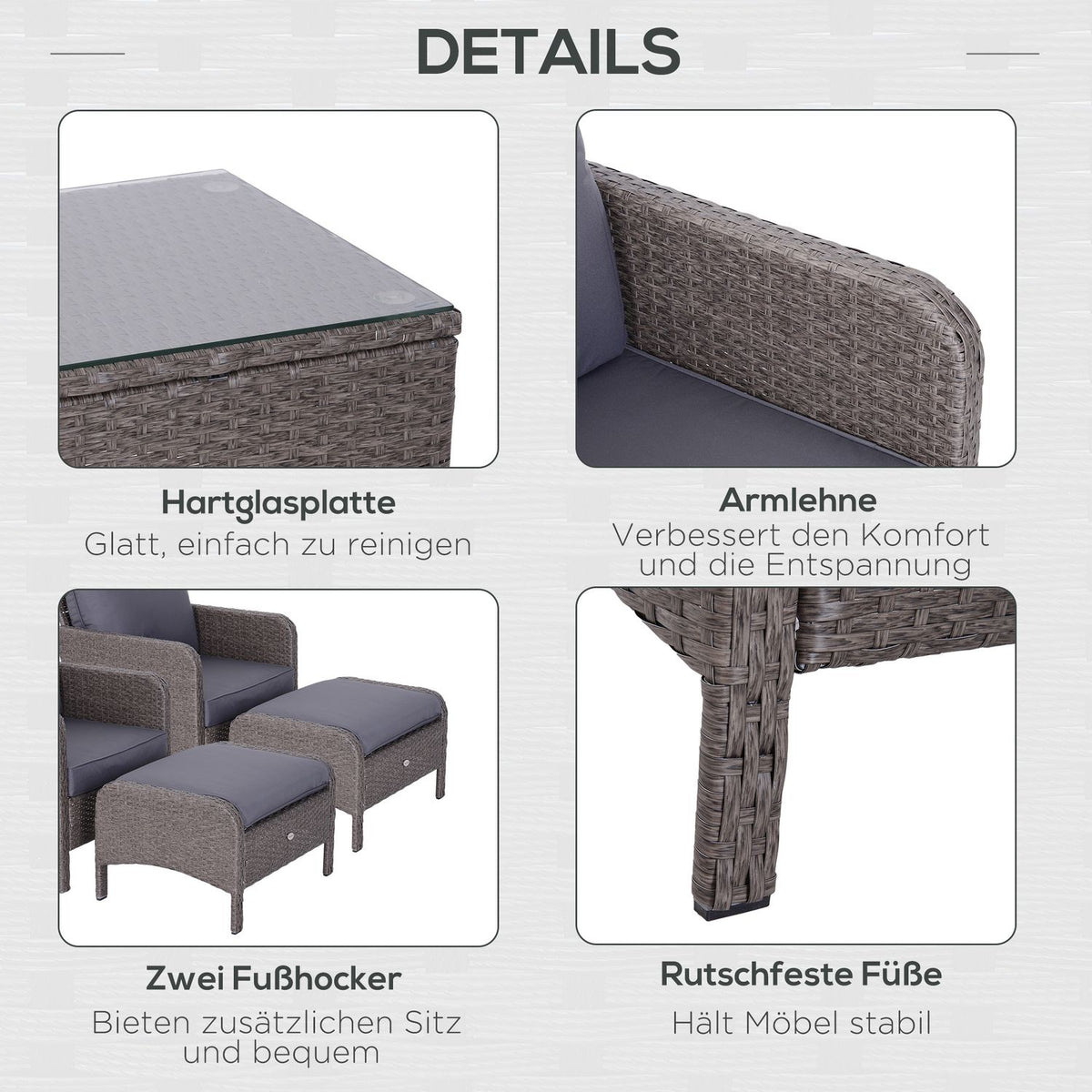 Polyrattan Seating Group In Dark Gray, Including 2 Armchairs, Coffee Table, Stool & Cushions, For Outdoor Use