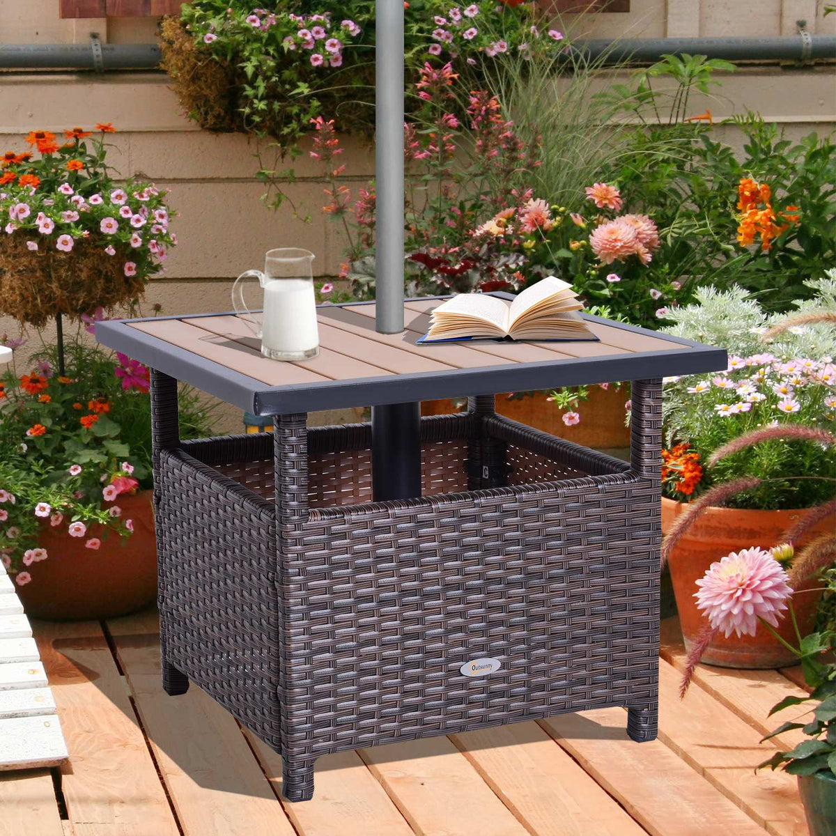 Polyrattan Side Table Garden Table Patio Table Umbrella Stand For Parasol Incl. Sandbag Brown 55.5 X 55.5 X 46 Cm