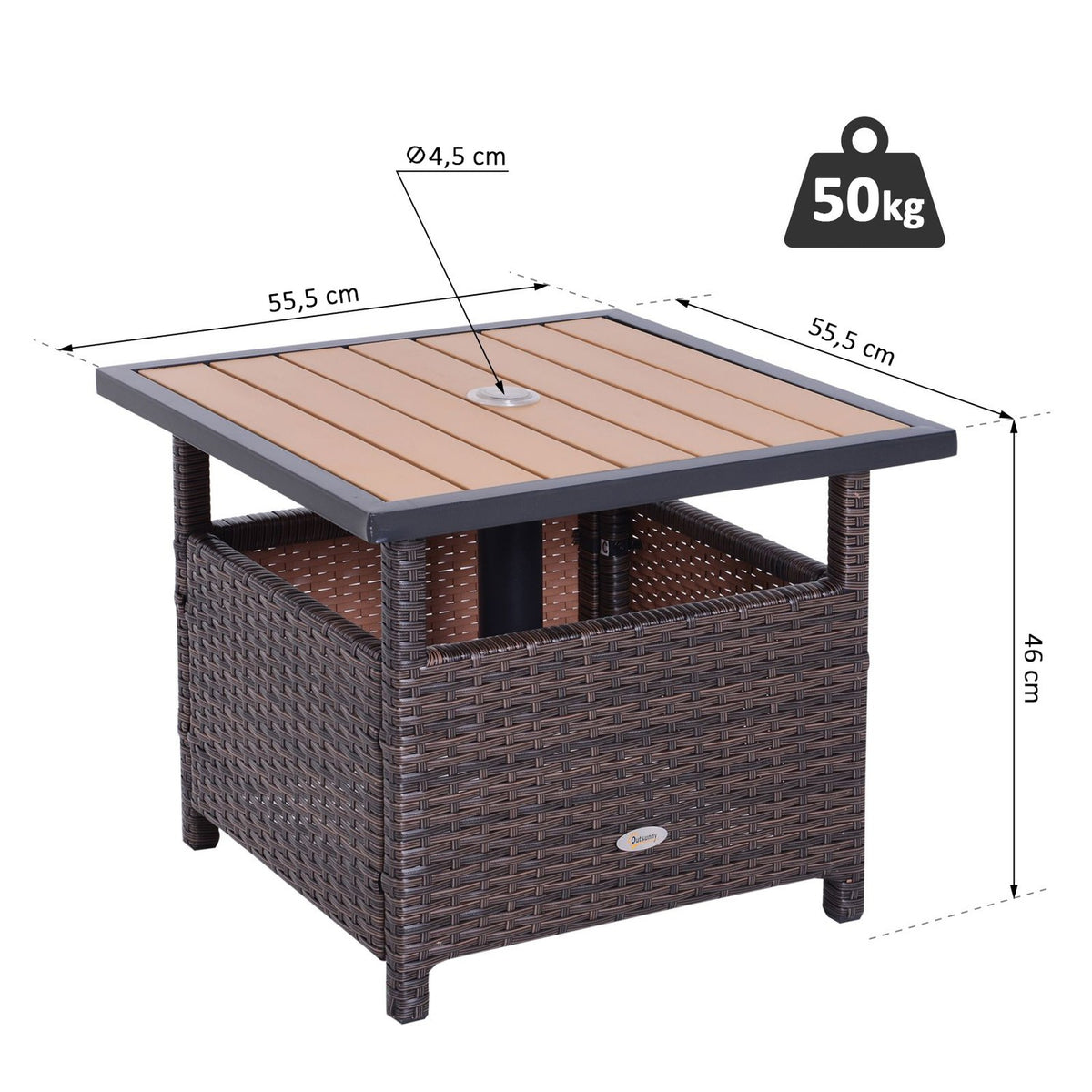 Polyrattan Side Table Garden Table Patio Table Umbrella Stand For Parasol Incl. Sandbag Brown 55.5 X 55.5 X 46 Cm