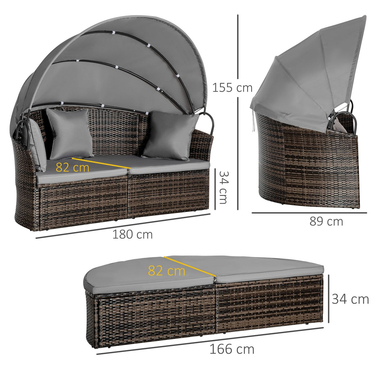 Polyrattan Sun Island With Foldable Sun Canopy Lounge Sun Lounger Garden Lounger Set Garden Set Gray 171 X 180 X 155 Cm