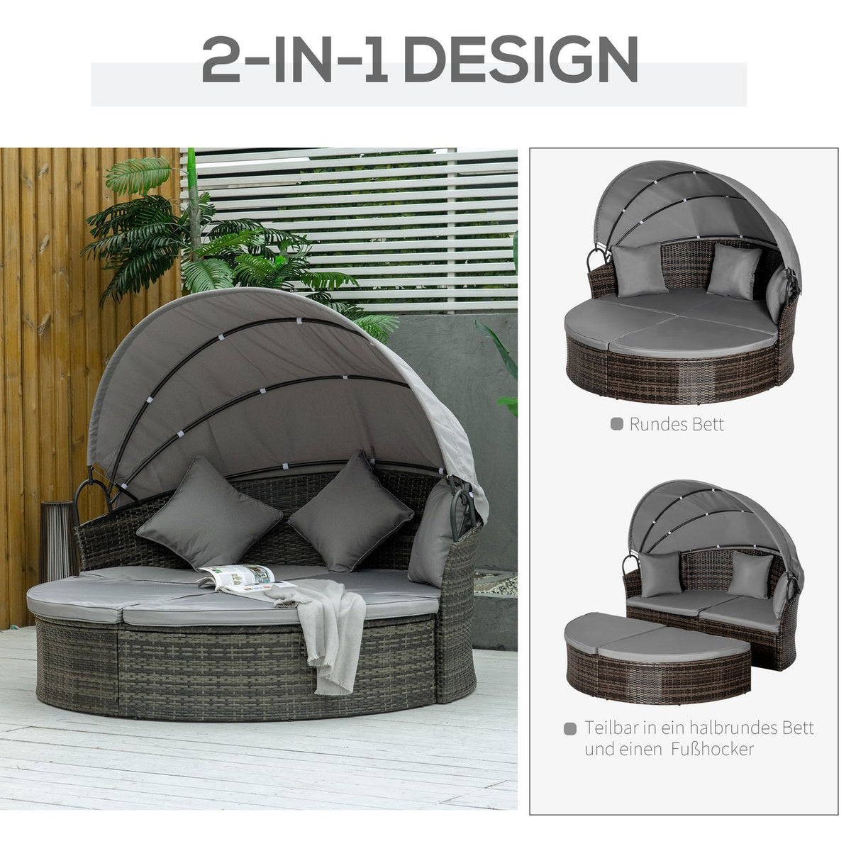 Polyrattan Sun Island With Foldable Sun Canopy Lounge Sun Lounger Garden Lounger Set Garden Set Gray 171 X 180 X 155 Cm