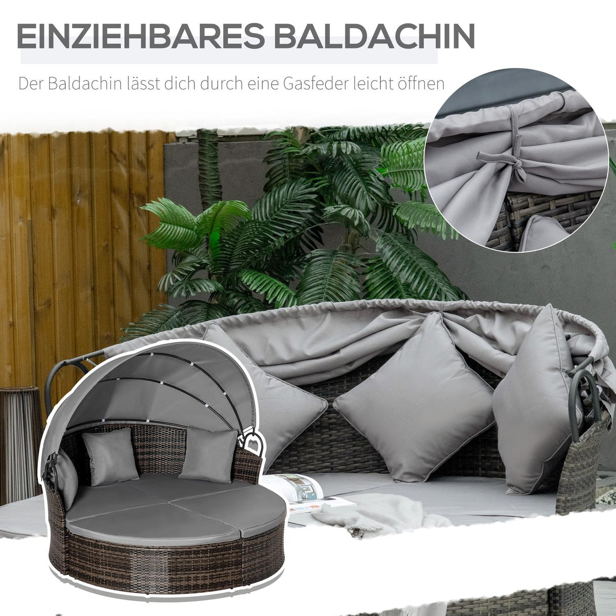 Polyrattan Sun Island With Foldable Sun Canopy Lounge Sun Lounger Garden Lounger Set Garden Set Gray 171 X 180 X 155 Cm