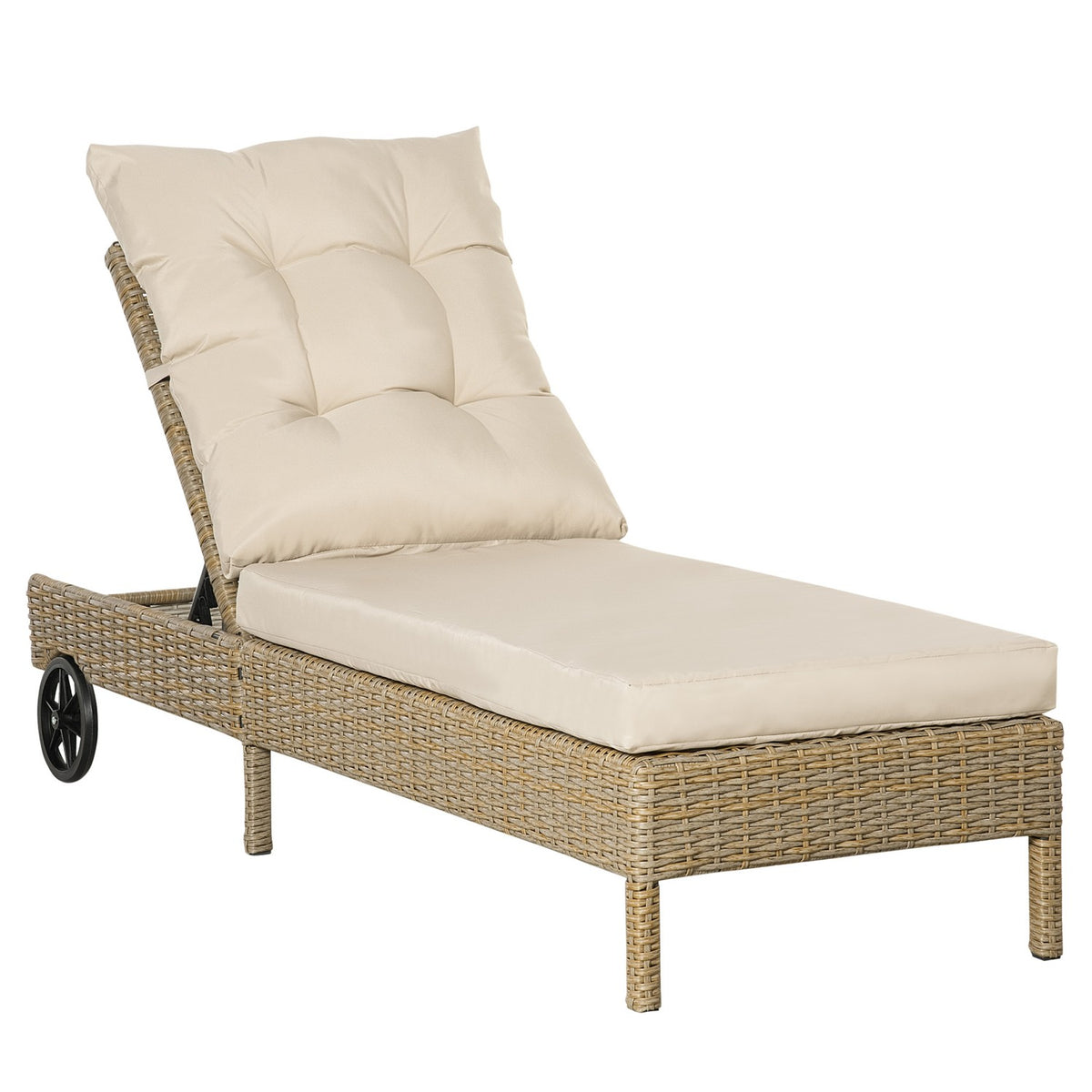 Polyrattan Sun Lounger Garden Lounger Adjustable Cushion Natural Khaki 200X66X92Cm