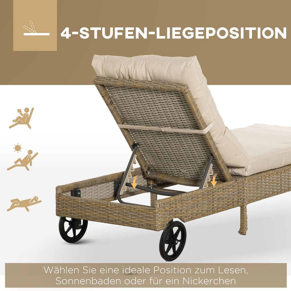 Polyrattan Sun Lounger Garden Lounger Adjustable Cushion Natural Khaki 200X66X92Cm