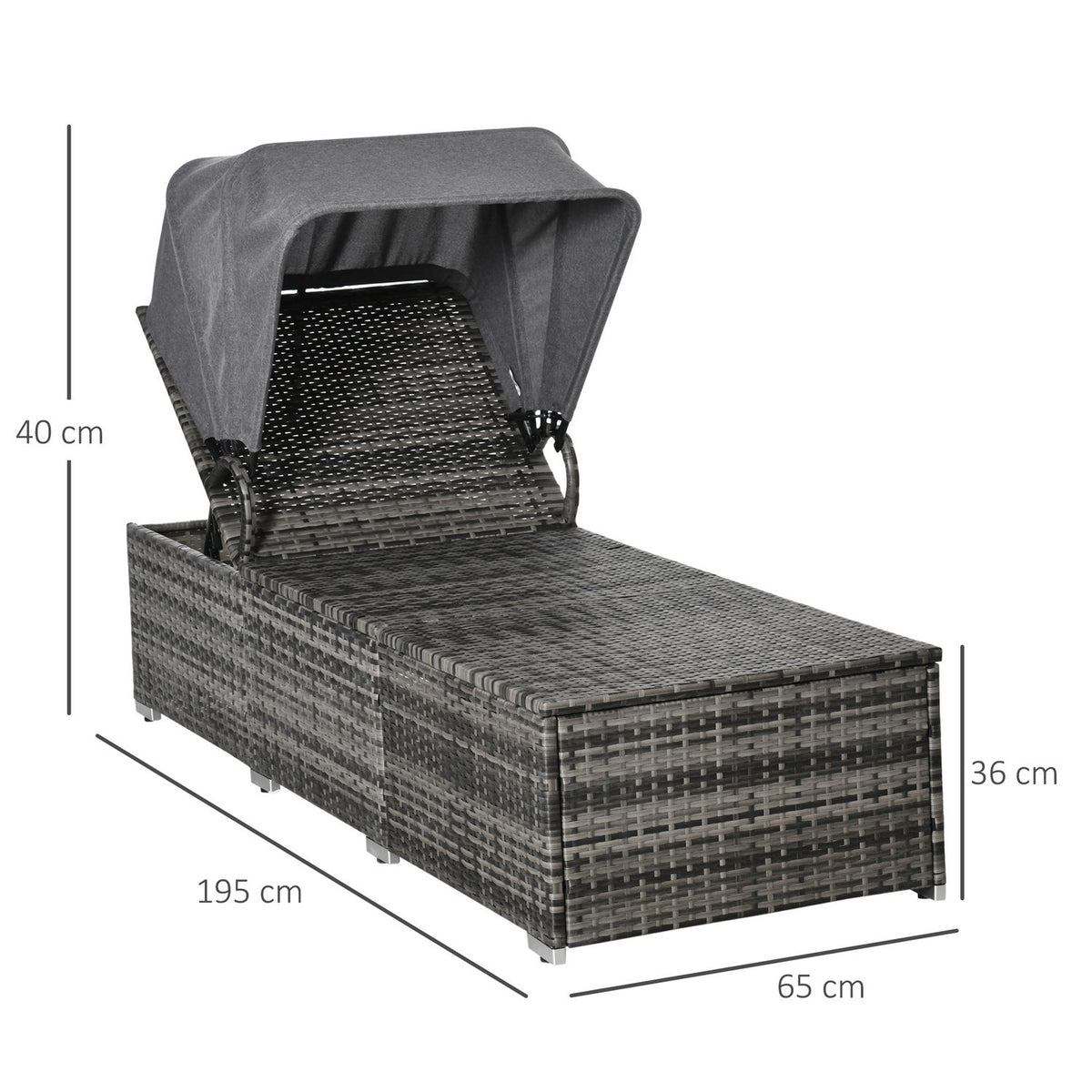 Polyrattan Sun Lounger With Sun Canopy Adjustable Garden Lounger Rattan Lounger With Cushion Gray 195 X 65 X 40 Cm