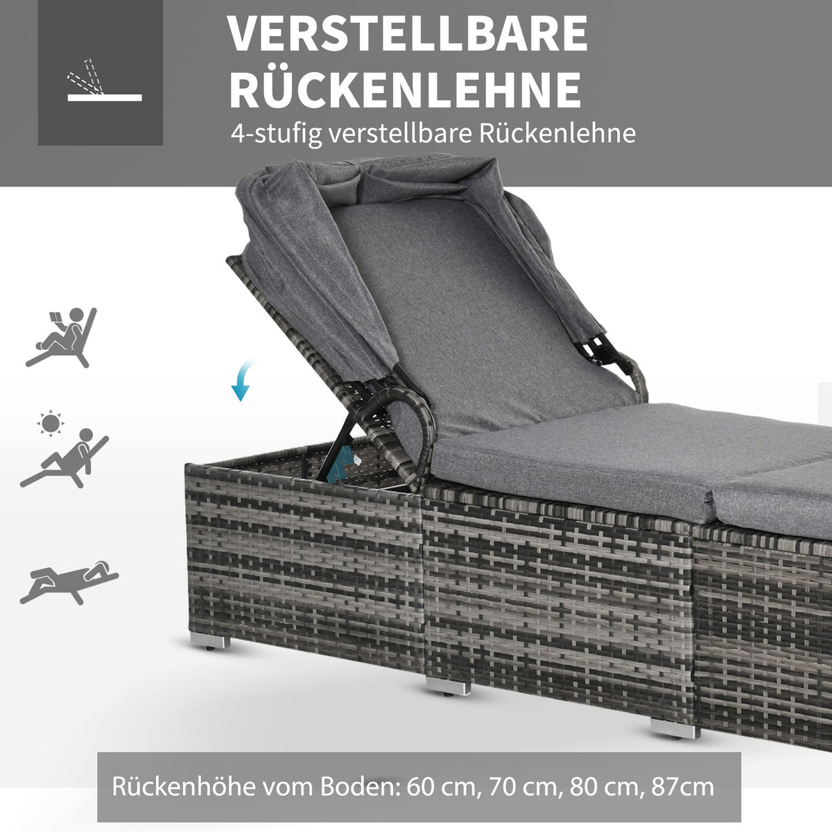 Polyrattan Sun Lounger With Sun Canopy Adjustable Garden Lounger Rattan Lounger With Cushion Gray 195 X 65 X 40 Cm