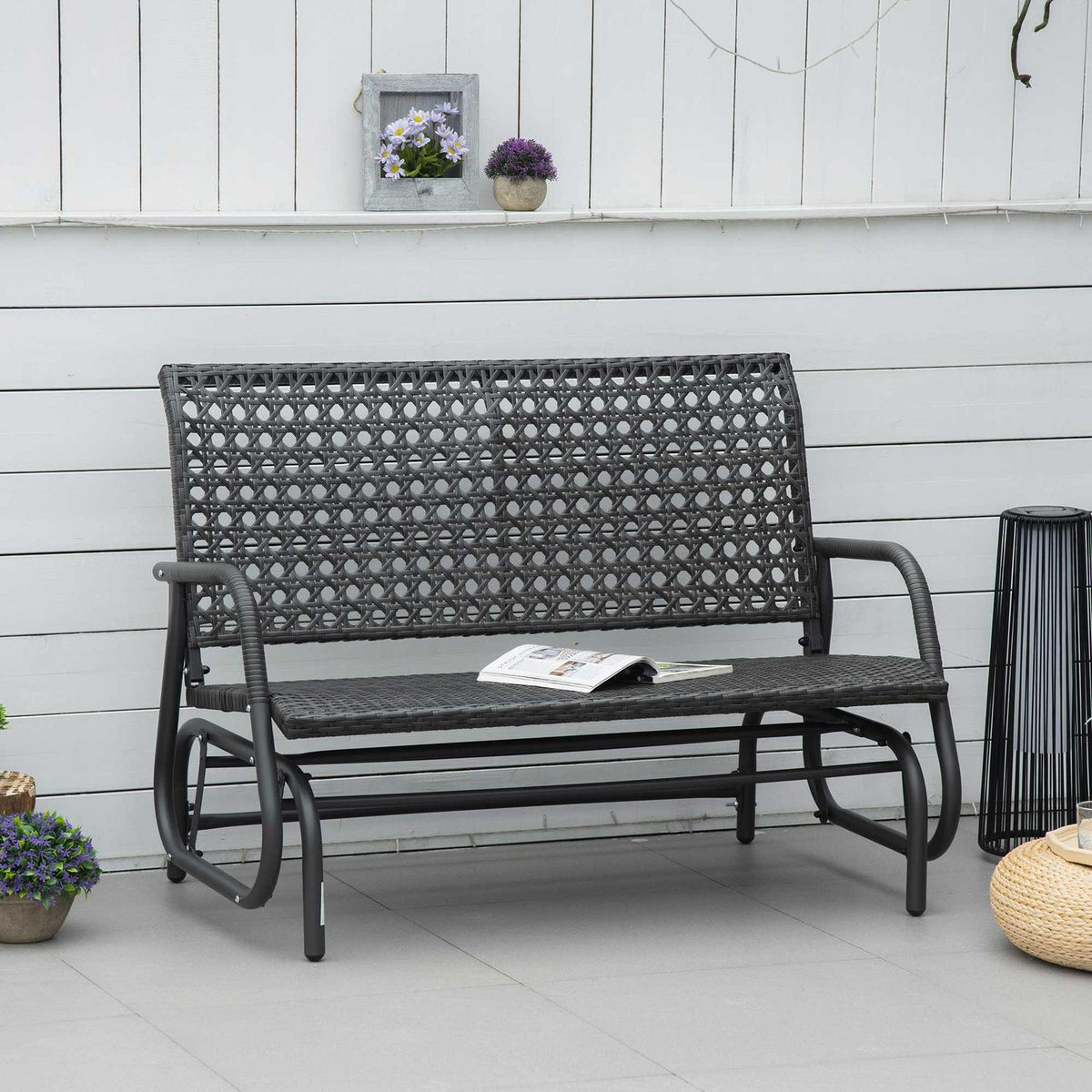 Polyrattan Swing Bench 2-Seater Outdoor Patio Garden Loveseat Garden Swing With Backrest Bench Park Bench Gray 70 X 120 X 84 Cm