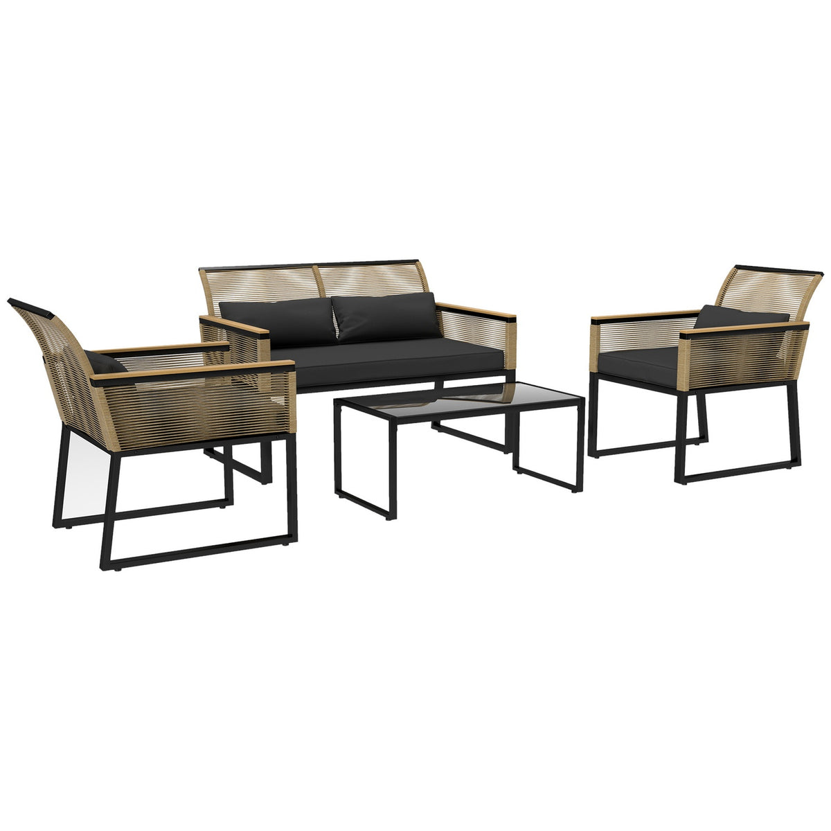 Polyrattan garden furniture set for 4 people, weatherproof balcony furniture set with 2 sofas, 2 chairs, glass table seat cushions, outdoor seating group, patio furniture garden set for garden balcony, black