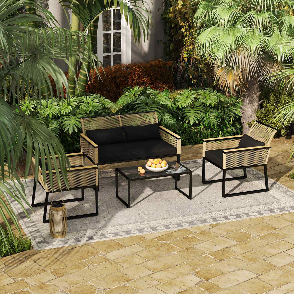 Polyrattan garden furniture set for 4 people, weatherproof balcony furniture set with 2 sofas, 2 chairs, glass table seat cushions, outdoor seating group, patio furniture garden set for garden balcony, black
