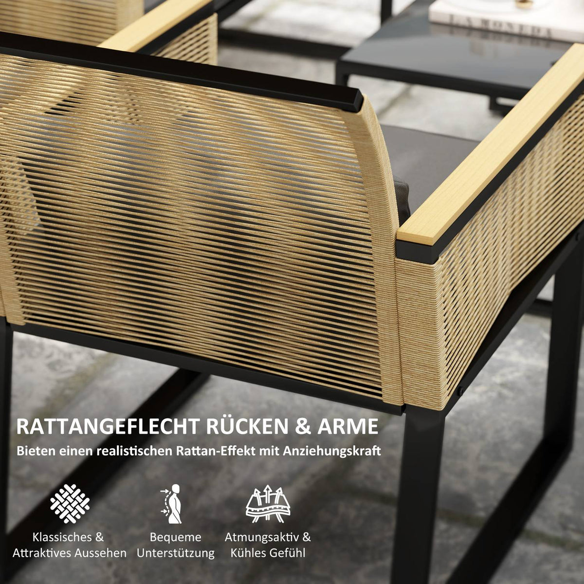 Polyrattan garden furniture set for 4 people, weatherproof balcony furniture set with 2 sofas, 2 chairs, glass table seat cushions, outdoor seating group, patio furniture garden set for garden balcony, black