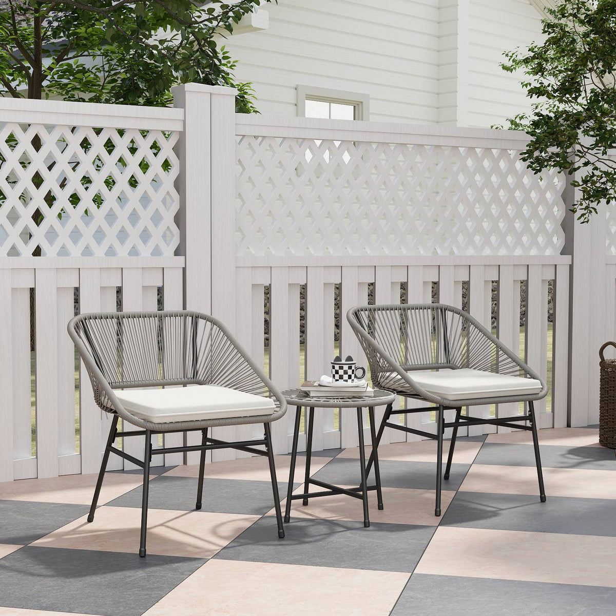 Polyrattan garden furniture set, outdoor lounge balcony furniture for 2 people, 3-piece seating group with 2 chairs, side table, cushions, weatherproof garden lounge for garden, terrace balcony, dark gray