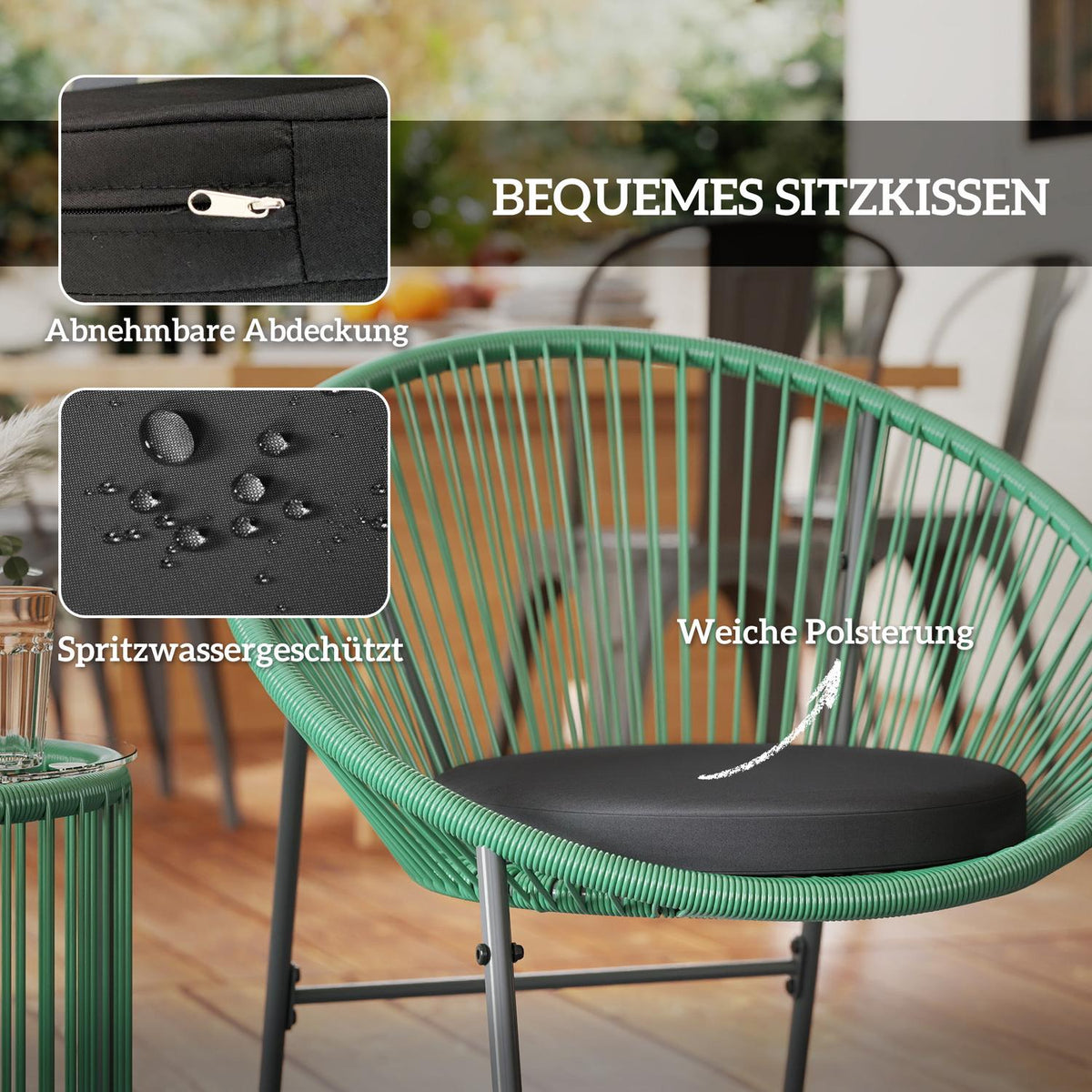 Polyrattan garden furniture set, outdoor lounge balcony furniture for 2 people, 3-piece seating group with 2 chairs, side table, cushions, weatherproof garden lounge for garden, terrace balcony, green