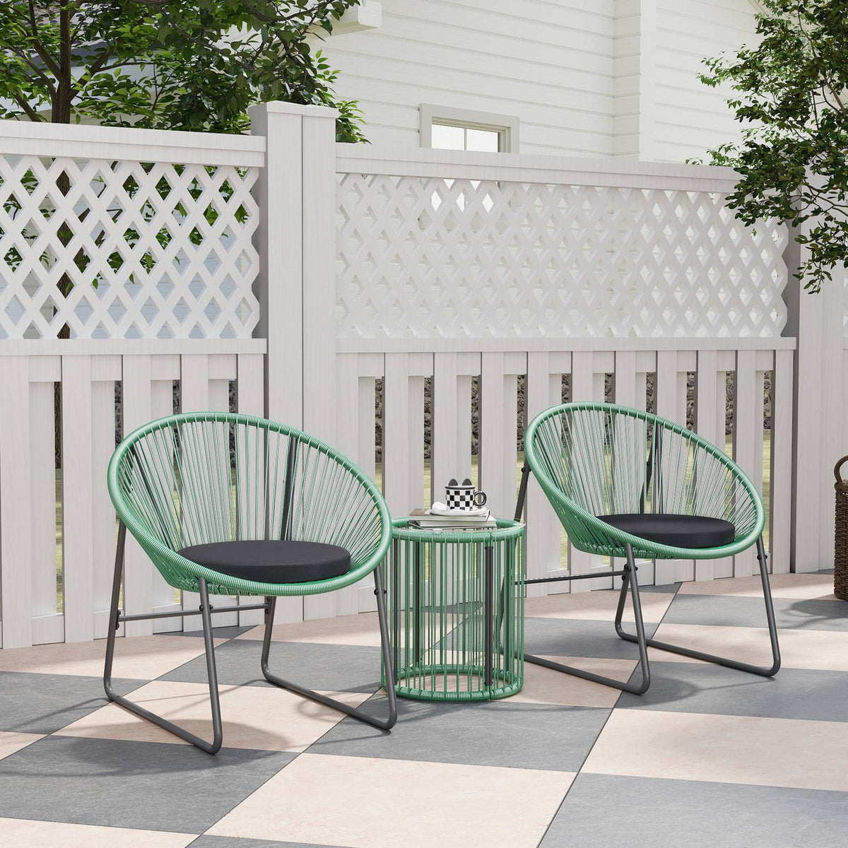 Polyrattan garden furniture set, outdoor lounge balcony furniture for 2 people, 3-piece seating group with 2 chairs, side table, cushions, weatherproof garden lounge for garden, terrace balcony, green