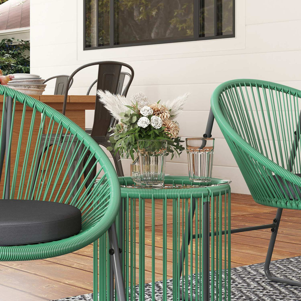 Polyrattan garden furniture set, outdoor lounge balcony furniture for 2 people, 3-piece seating group with 2 chairs, side table, cushions, weatherproof garden lounge for garden, terrace balcony, green