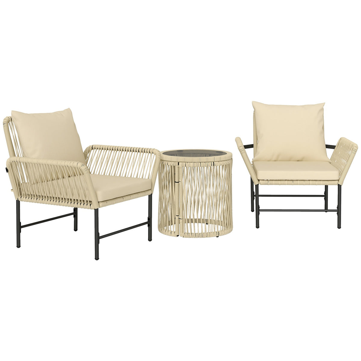 Polyrattan garden furniture set, outdoor lounge balcony furniture for 2 people, 3-piece seating group with 2 chairs, side table seat cushion, weatherproof garden lounge for garden, balcony, khaki + beige |