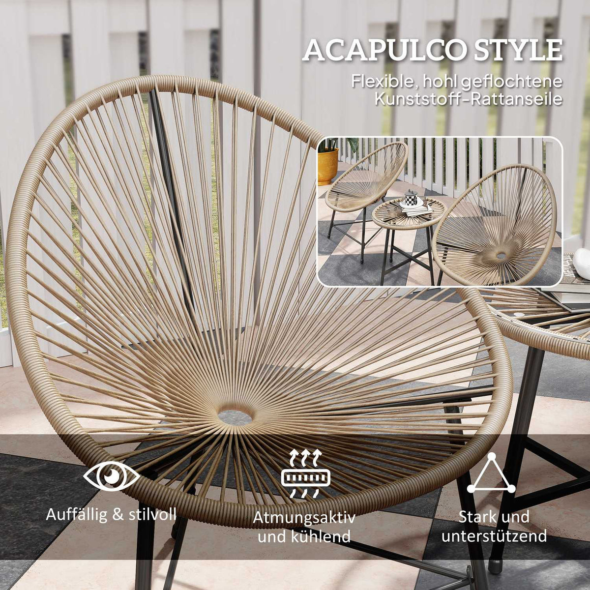 Polyrattan garden furniture set, outdoor lounge balcony furniture for 2 people, 3-piece seating group with 2 chairs, table, weatherproof garden lounge for garden, terrace balcony, natural wood