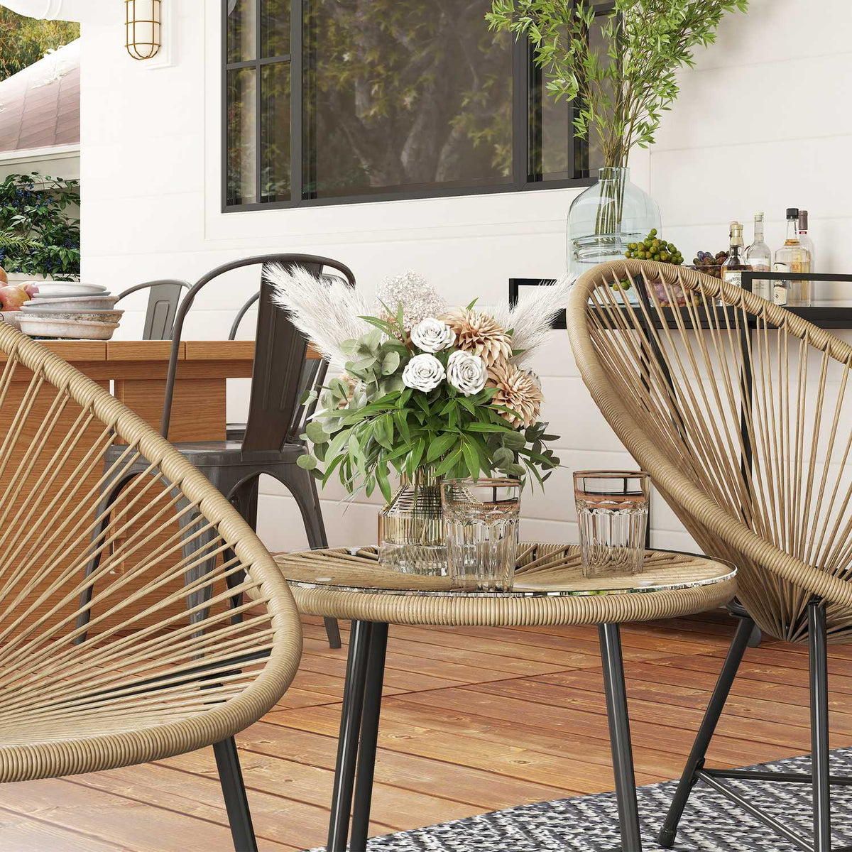 Polyrattan garden furniture set, outdoor lounge balcony furniture for 2 people, 3-piece seating group with 2 chairs, table, weatherproof garden lounge for garden, terrace balcony, natural wood