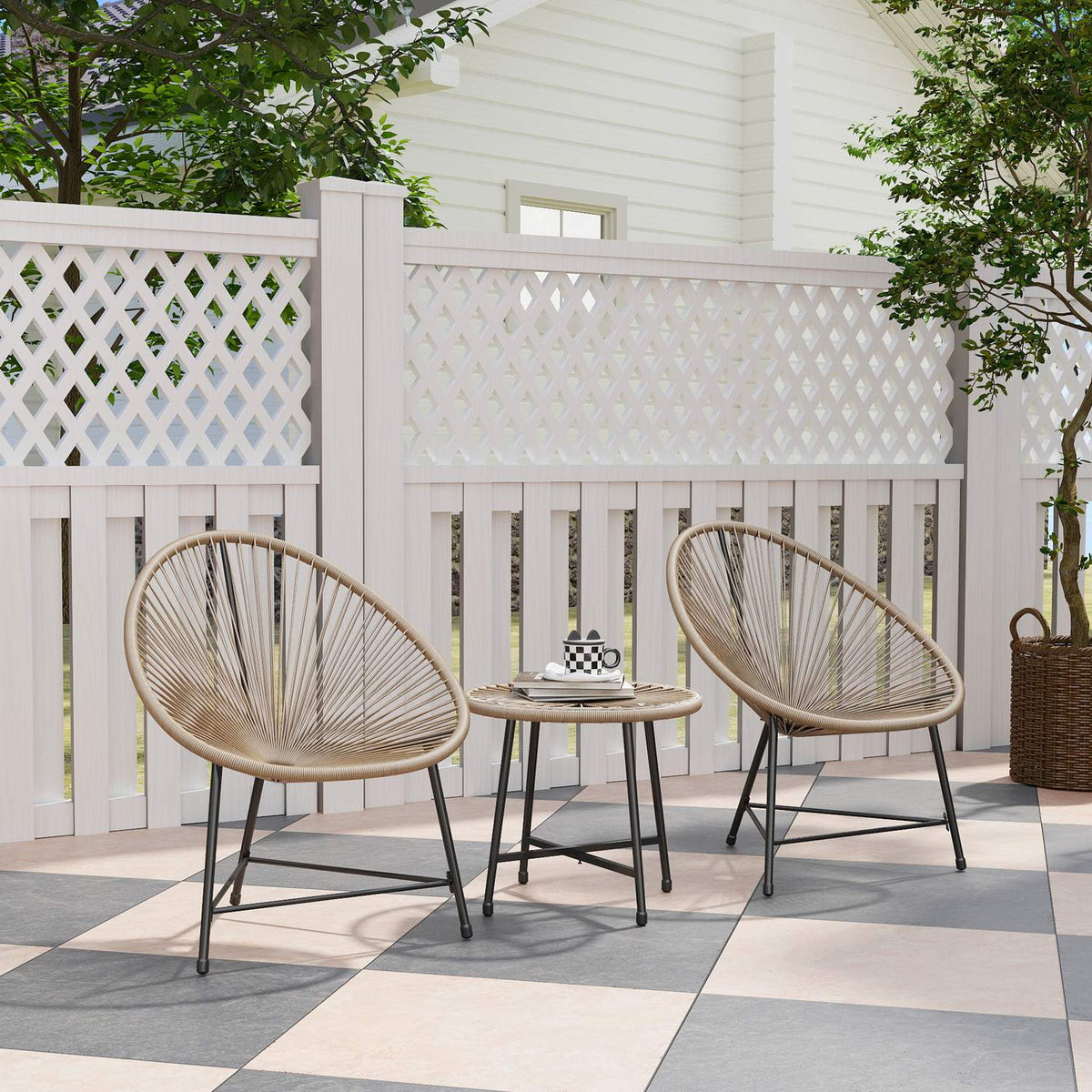 Polyrattan garden furniture set, outdoor lounge balcony furniture for 2 people, 3-piece seating group with 2 chairs, table, weatherproof garden lounge for garden, terrace balcony, natural wood
