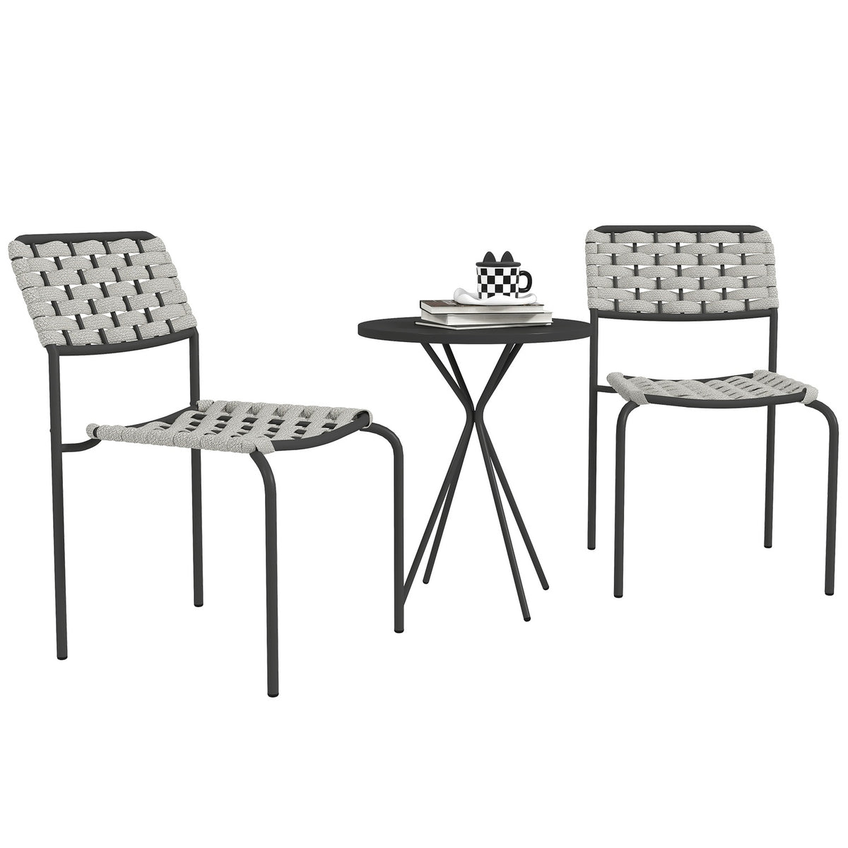 Polyrattan garden furniture set, outdoor lounge balcony furniture for 2 people, 3-piece seating group with 2 stackable chairs, table, weatherproof garden lounge for garden, terrace balcony, gray