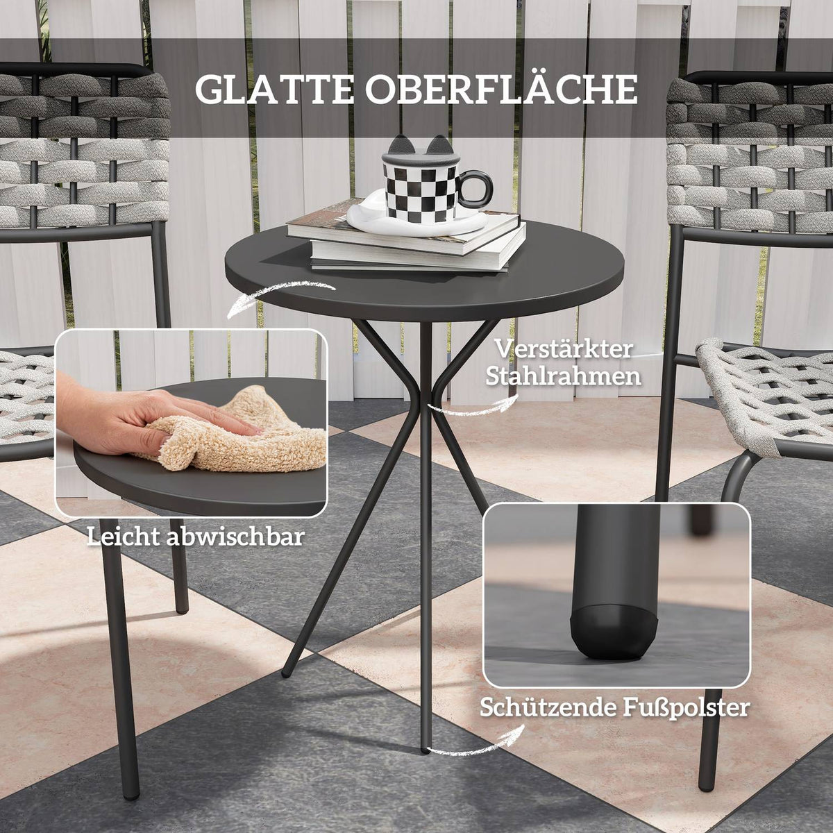 Polyrattan garden furniture set, outdoor lounge balcony furniture for 2 people, 3-piece seating group with 2 stackable chairs, table, weatherproof garden lounge for garden, terrace balcony, gray