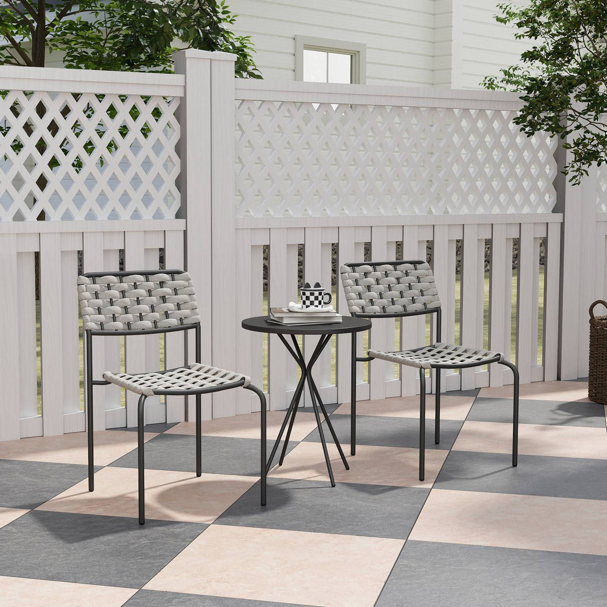 Polyrattan garden furniture set, outdoor lounge balcony furniture for 2 people, 3-piece seating group with 2 stackable chairs, table, weatherproof garden lounge for garden, terrace balcony, gray
