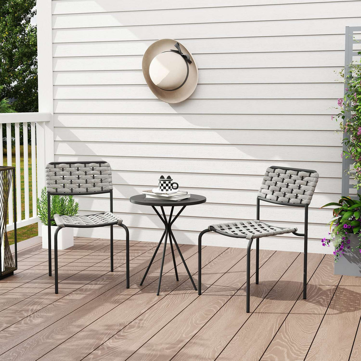 Polyrattan garden furniture set, outdoor lounge balcony furniture for 2 people, 3-piece seating group with 2 stackable chairs, table, weatherproof garden lounge for garden, terrace balcony, gray