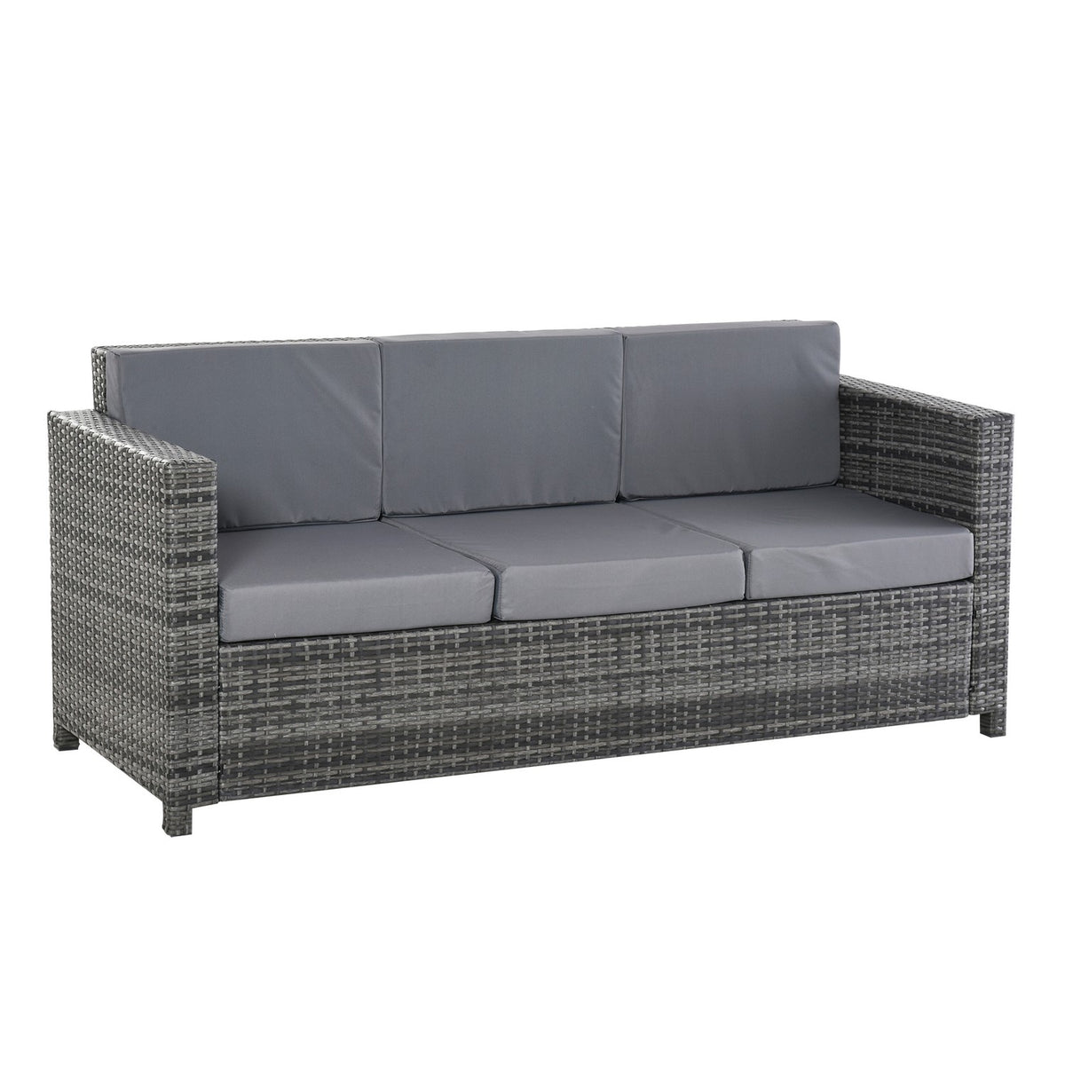 Poly rattan garden lounge sofa 3-seater with cushions, gray, metal & polyester, 185 x 70 x 80 cm, ideal for terrace & balcony
