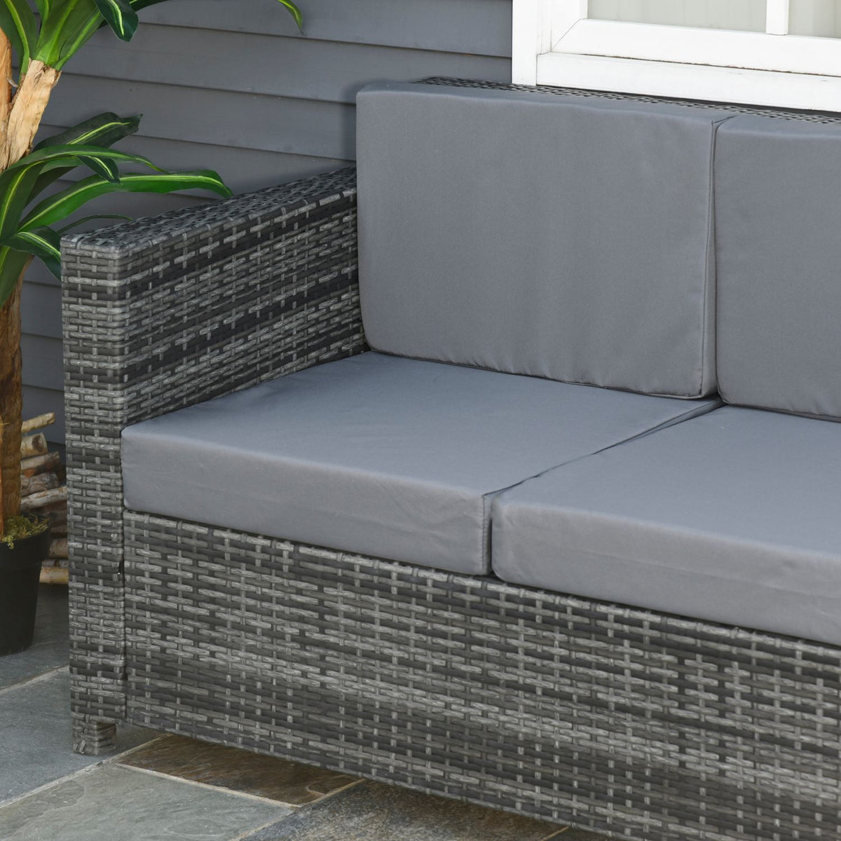 Poly rattan garden lounge sofa 3-seater with cushions, gray, metal & polyester, 185 x 70 x 80 cm, ideal for terrace & balcony