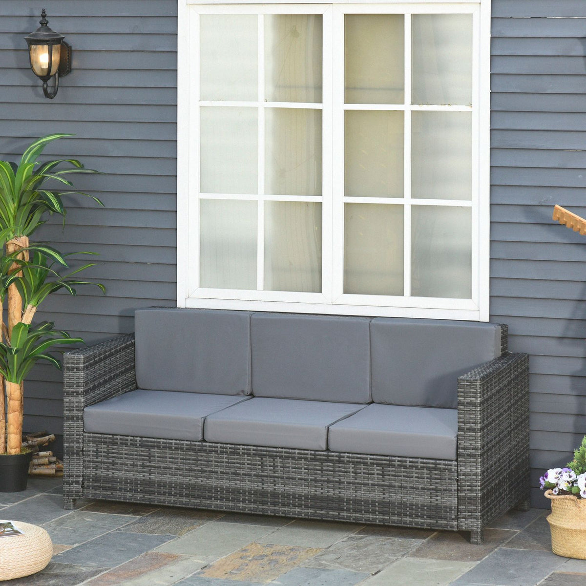 Poly rattan garden lounge sofa 3-seater with cushions, gray, metal & polyester, 185 x 70 x 80 cm, ideal for terrace & balcony