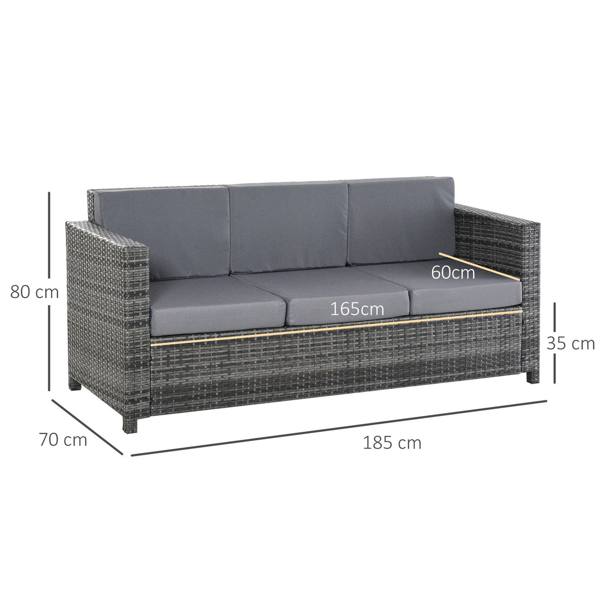 Poly rattan garden lounge sofa 3-seater with cushions, gray, metal & polyester, 185 x 70 x 80 cm, ideal for terrace & balcony