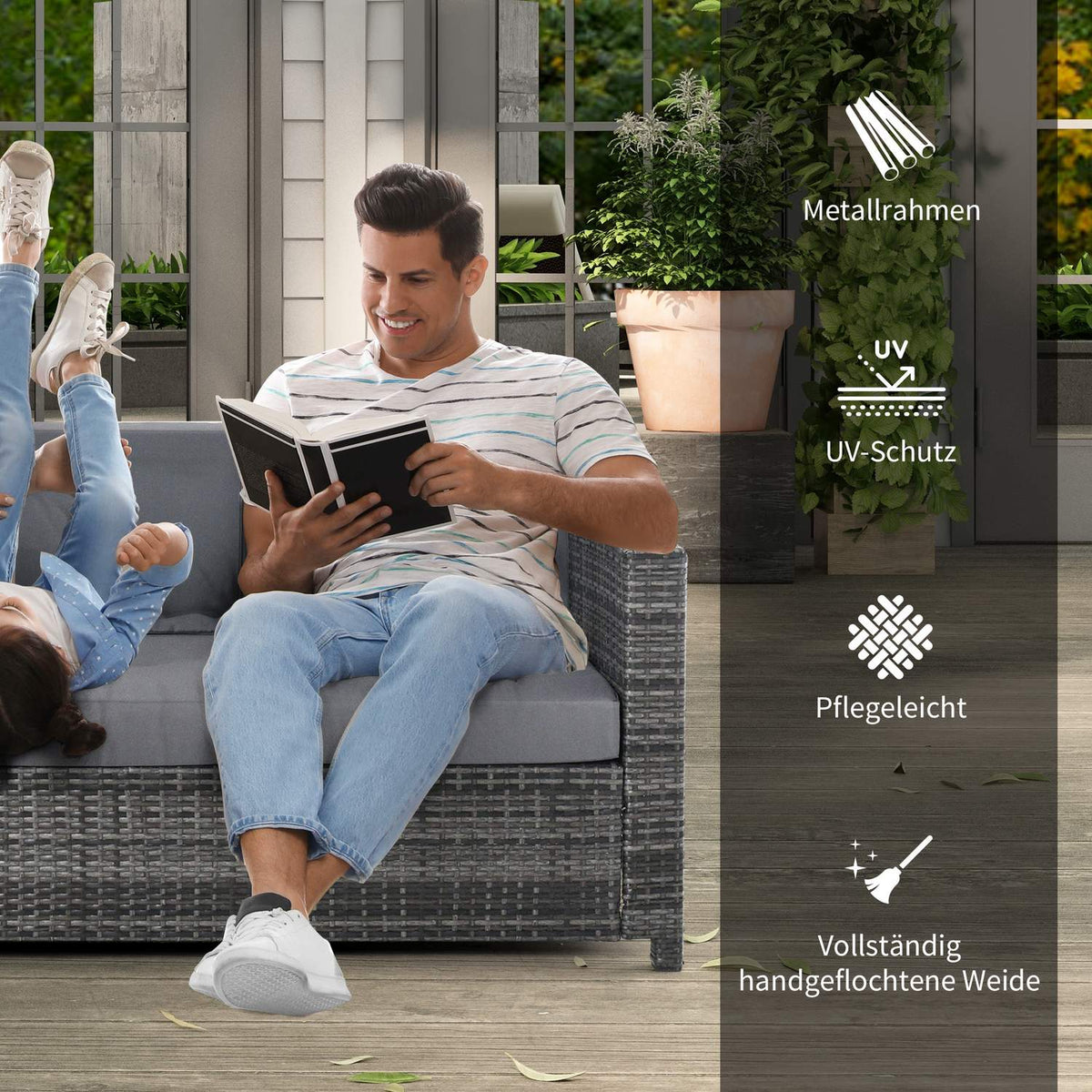 Poly rattan garden lounge sofa 3-seater with cushions, gray, metal & polyester, 185 x 70 x 80 cm, ideal for terrace & balcony