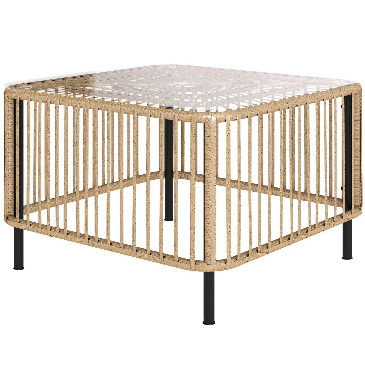 Polyrattan garden table, 65 x 65 x 43 cm, weatherproof side table, square patio table with glass top, coffee table, balcony table, garden furniture for garden, terrace, balcony, natural wood