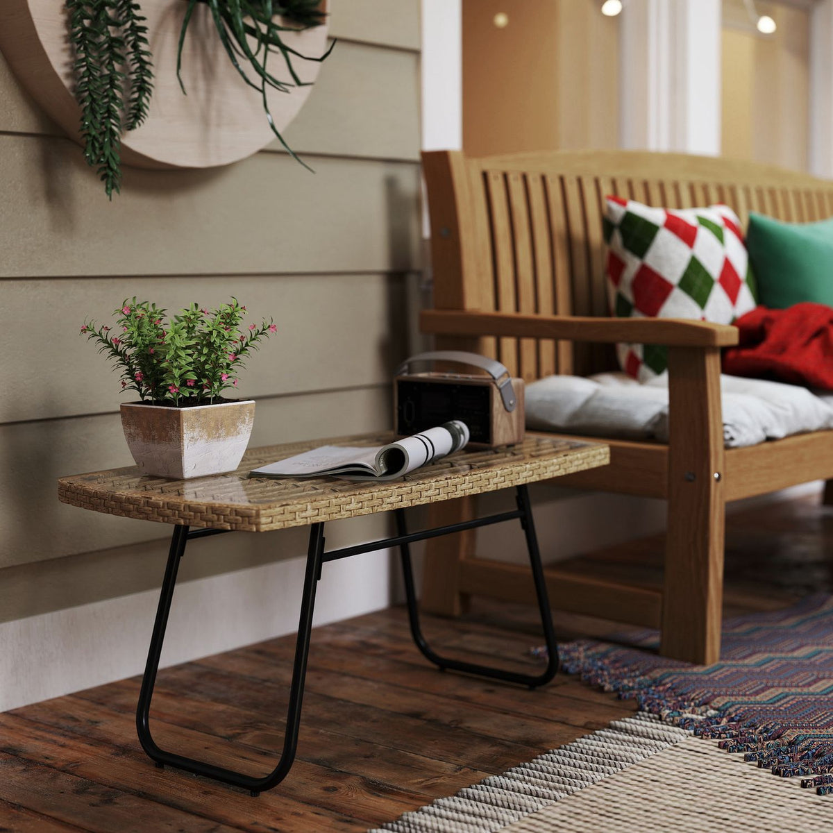 Polyrattan garden table, 90 x 50 x 45 cm, UV-resistant side table with glass top, rectangular patio table, balcony table for garden, terrace, balcony natural wood