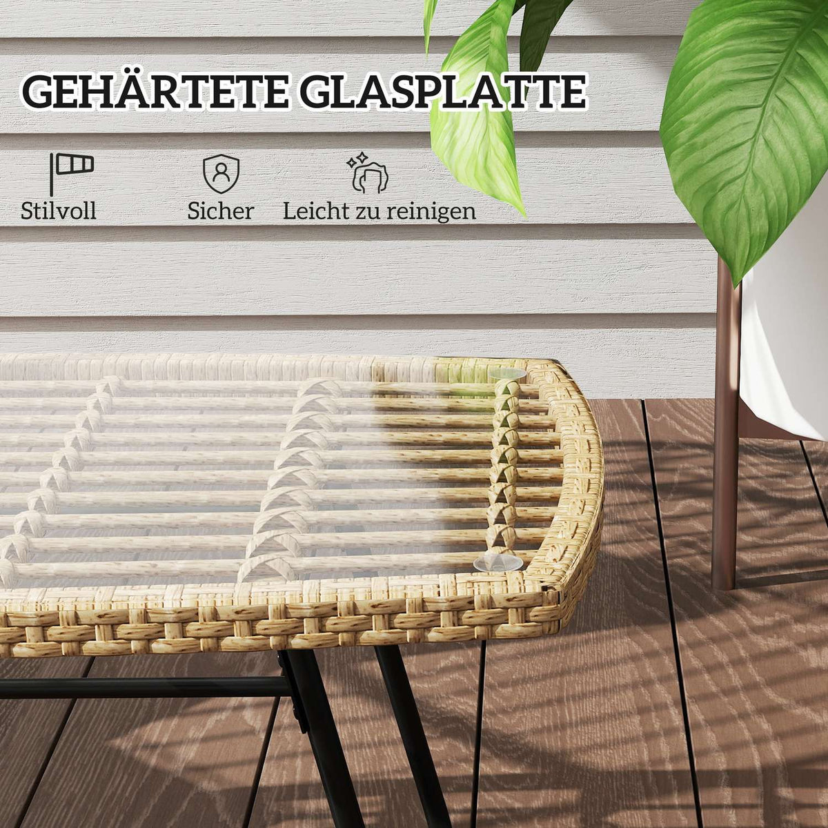 Polyrattan garden table, 90 x 50 x 45 cm, UV-resistant side table with glass top, rectangular patio table, balcony table for garden, terrace, balcony natural wood