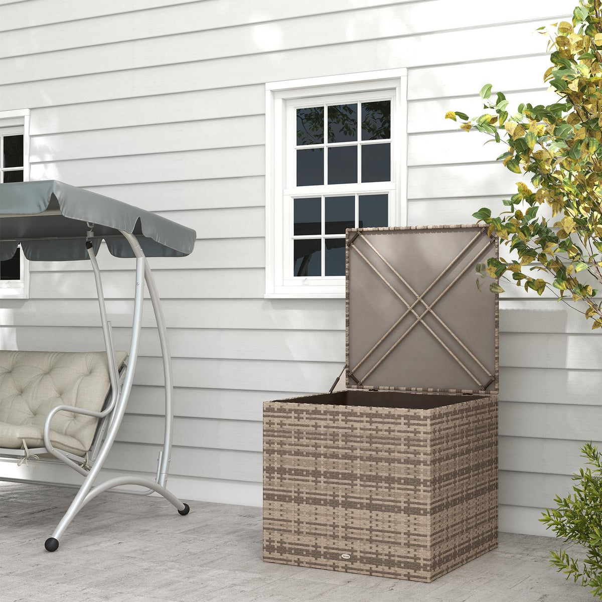 Polyrattan storage box, cushion box with lid, automatic lifting, weatherproof storage box for garden, balcony, 75 x 75 x 70 cm, sand