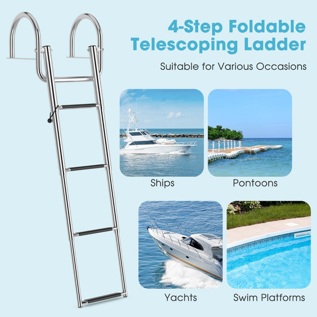Pontoon Boat Ladder, 4-Step Folding, 500 lb Capacity