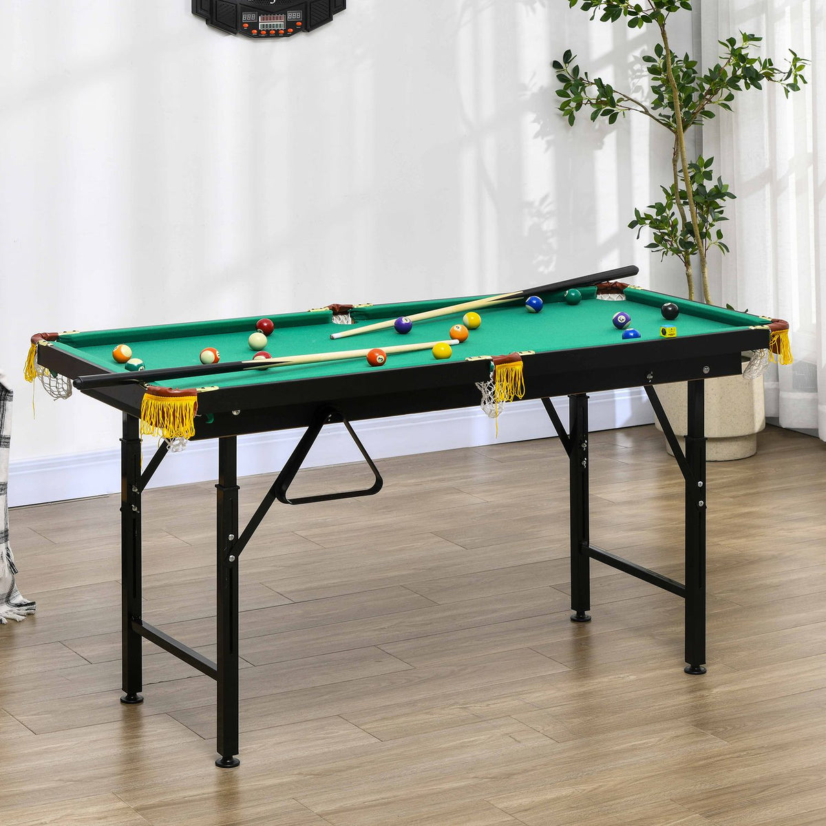 Pool Table 4.6Ft Foldable 140 X 60 X 55-75 Cm Table Billiards With Accessories, Triangle, 2 Cues, 16 Balls For Youth, Adults, Steel, Green